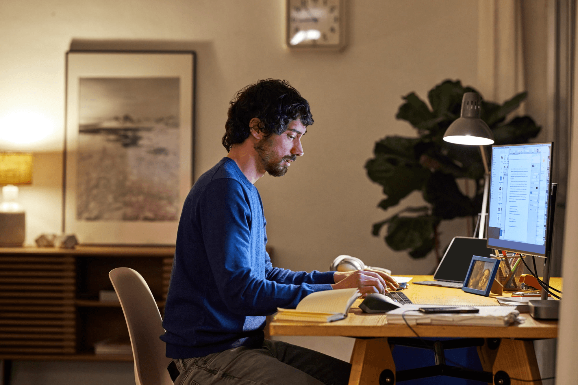 Working remotely at desk.