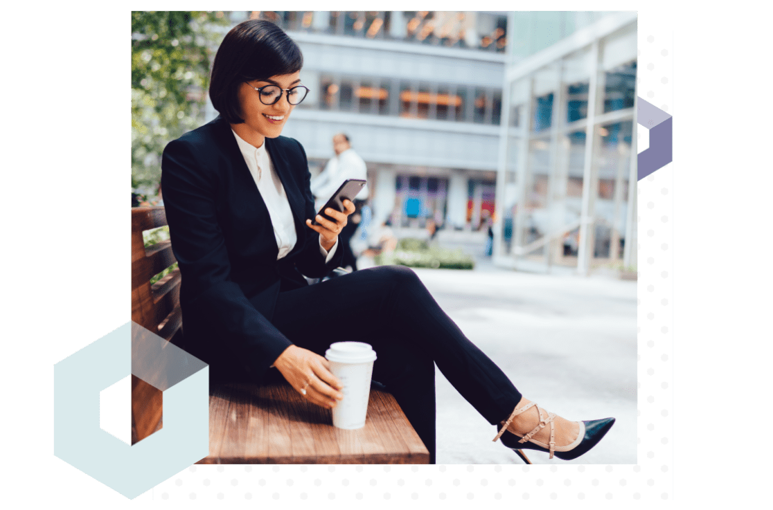 Professional woman working on her phone, using secure enterprise remote support.
