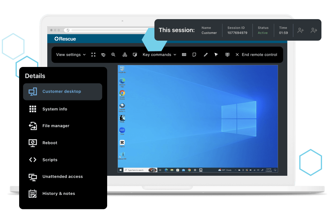 Agent dashboard view showing the ability to easily access and support computers remotely.