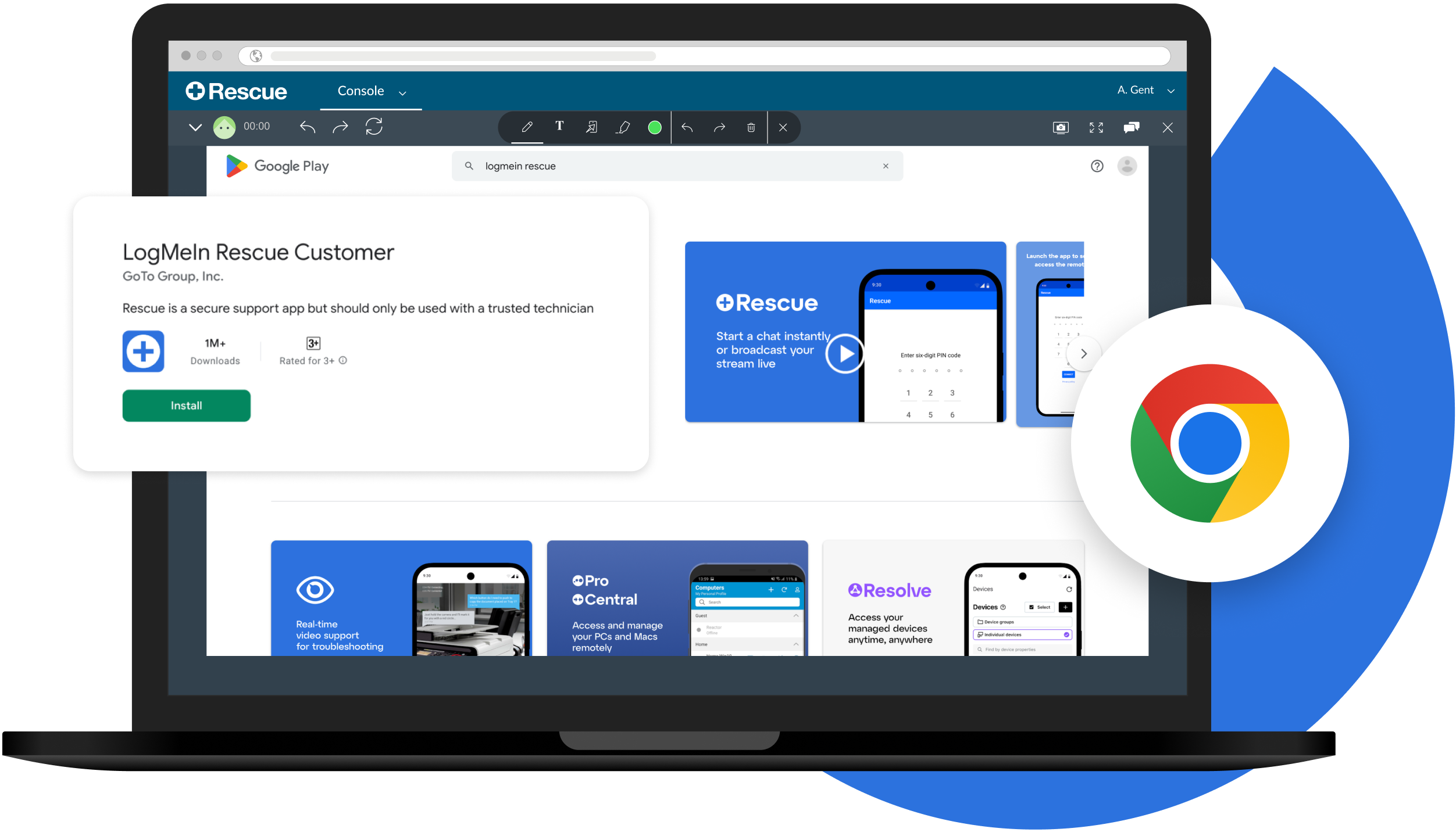 Laptop screen displaying LogMeIn Rescue remote desktop software interface for ChromeOS. The screen shows a Google Play search for LogMeIn Rescue, with installation details and app features.