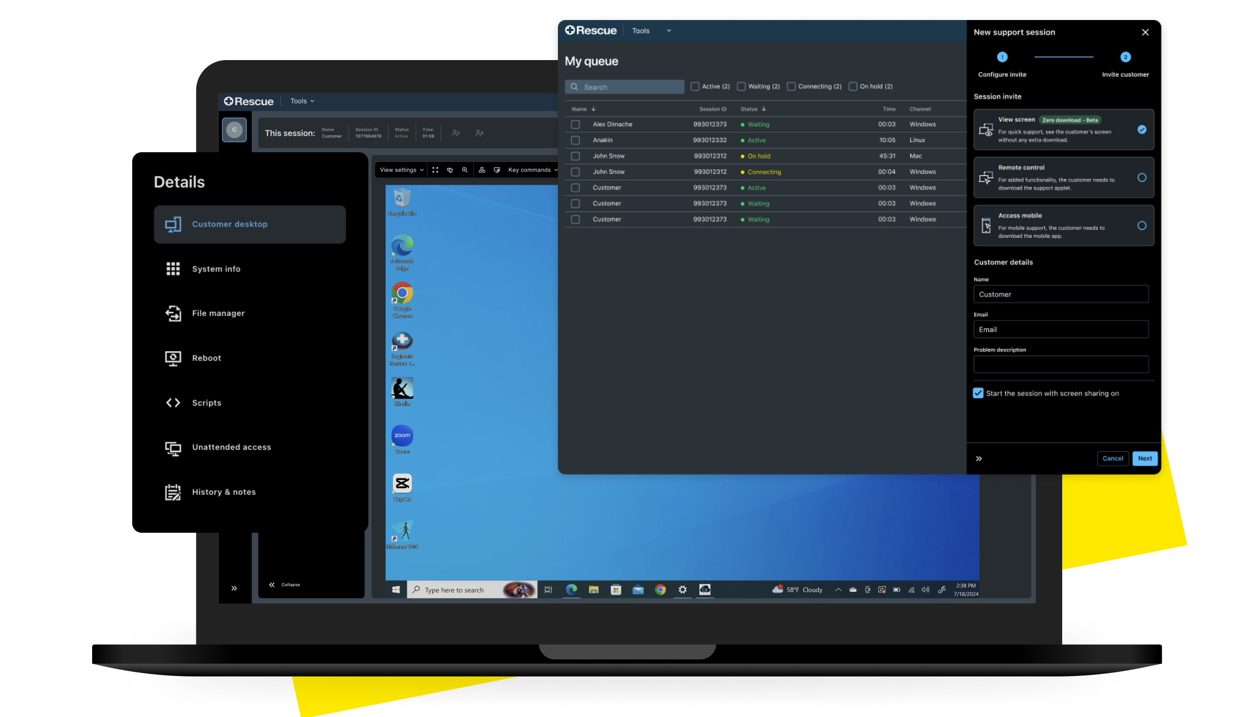LogMeIn Rescue’s browser-based technician console, used for remote support from a Chromebook. 