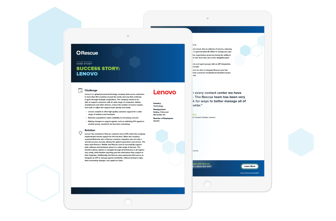 A tablet device displaying a case study on Lenovo's success story.