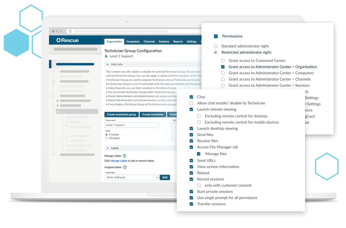 Laptop displaying Technician Group Configuration dashboard, showing how agents and users connect with LogMeIn Rescue's advanced security features.
