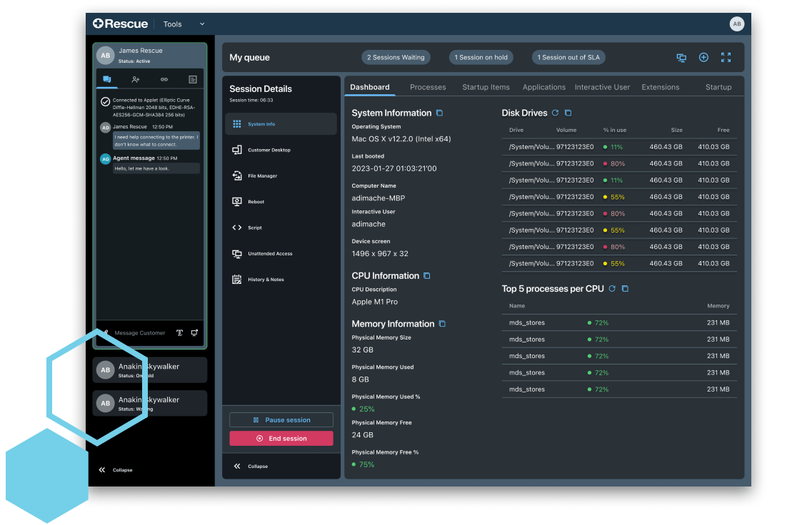 Rescue Desktop view of dashboard with session details and system information.