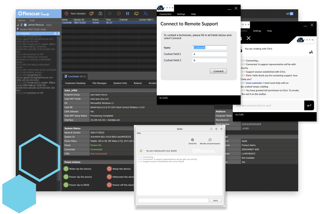 Rescue Desktop view of support for vPro, Linux and showing chat window interface for establishing connection.