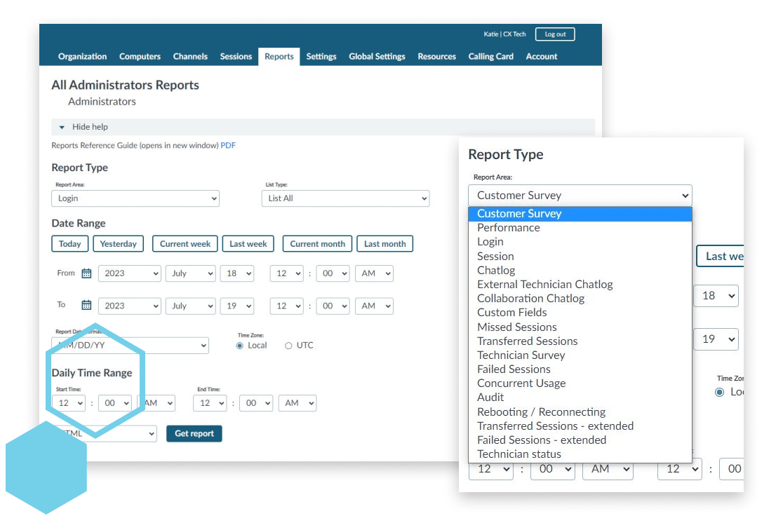 Rescue Desktop view of admin reports and settings.