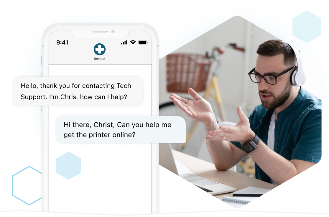 A man wearing a headset provides remote services to users via Rescue’s remote computer repair software.