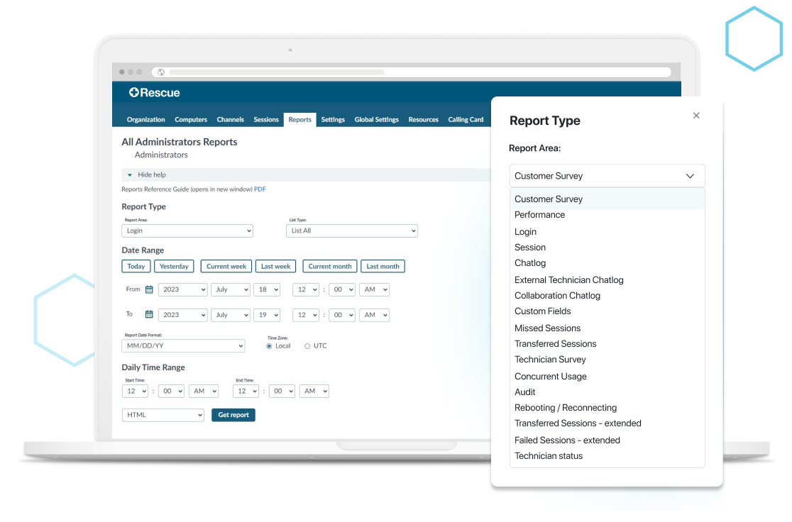 View all your administrator reports in one place, with the ability to filter by report type.