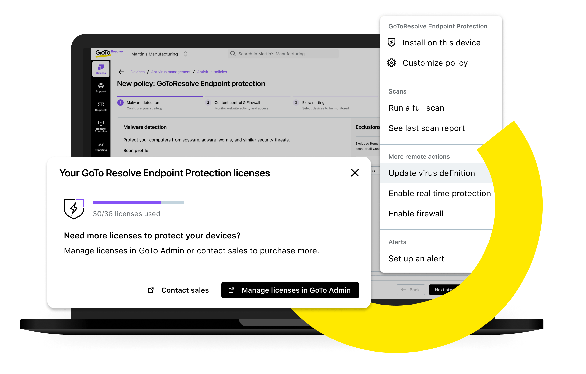 Screen view of GoTo Resolve’s End Point Protection dashboard, with license management window and settings.
