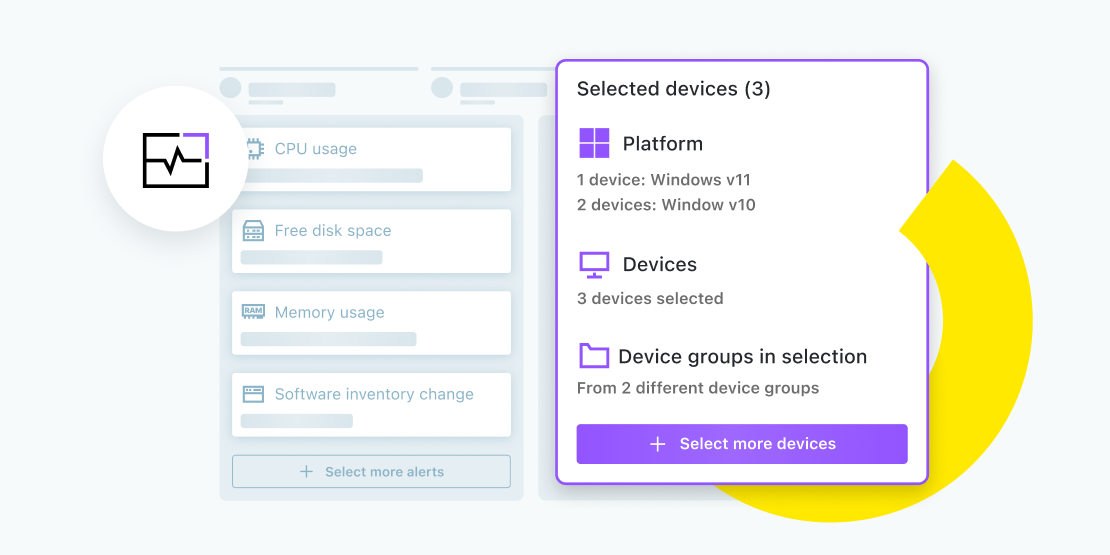 LogMeIn Resolve RMM dashboard showing device monitoring alerts and selected Windows device groups.