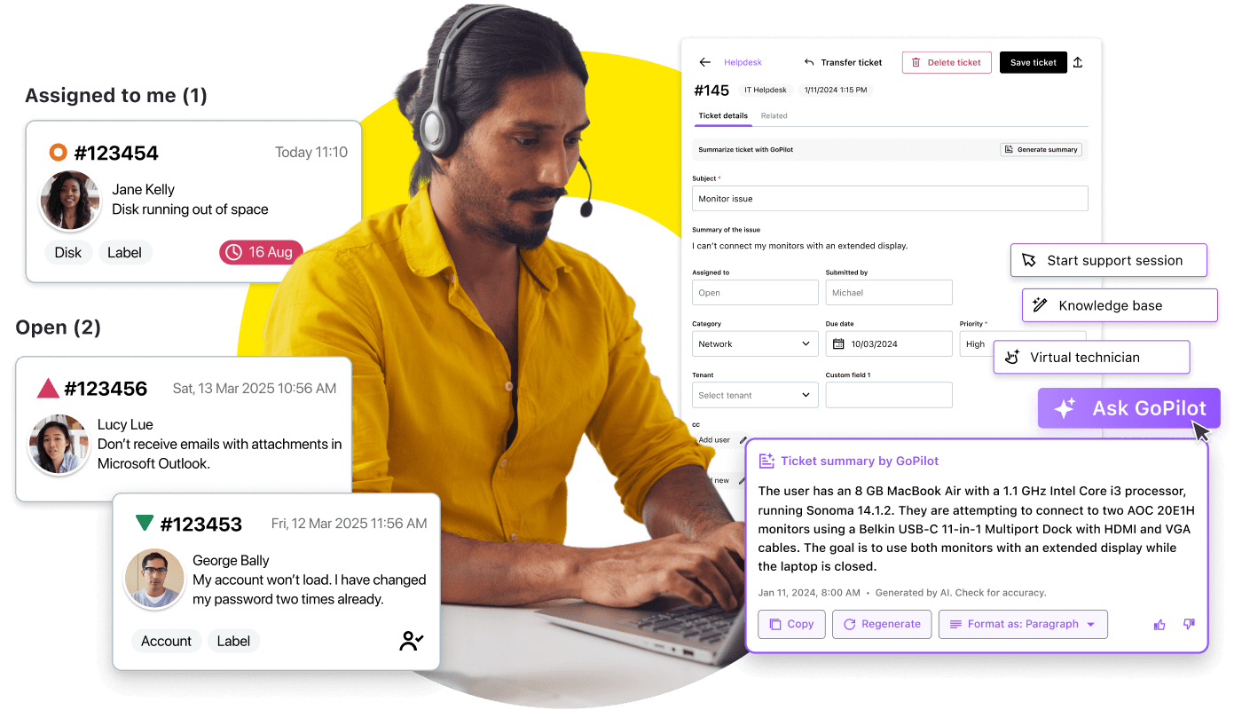IT agent using LogMeIn Resolve helpdesk with AI-powered knowledge base, virtual technician, and GoPilot AI assistant for support automation.