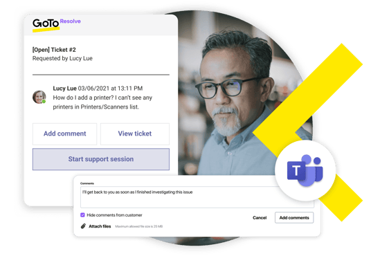 Interface do GoTo Resolve mostrando um tíquete de suporte aberto; logotipo do Microsoft Teams mostrando a integração entre o GoTo Resolve e ferramentas de mensagens renomadas.