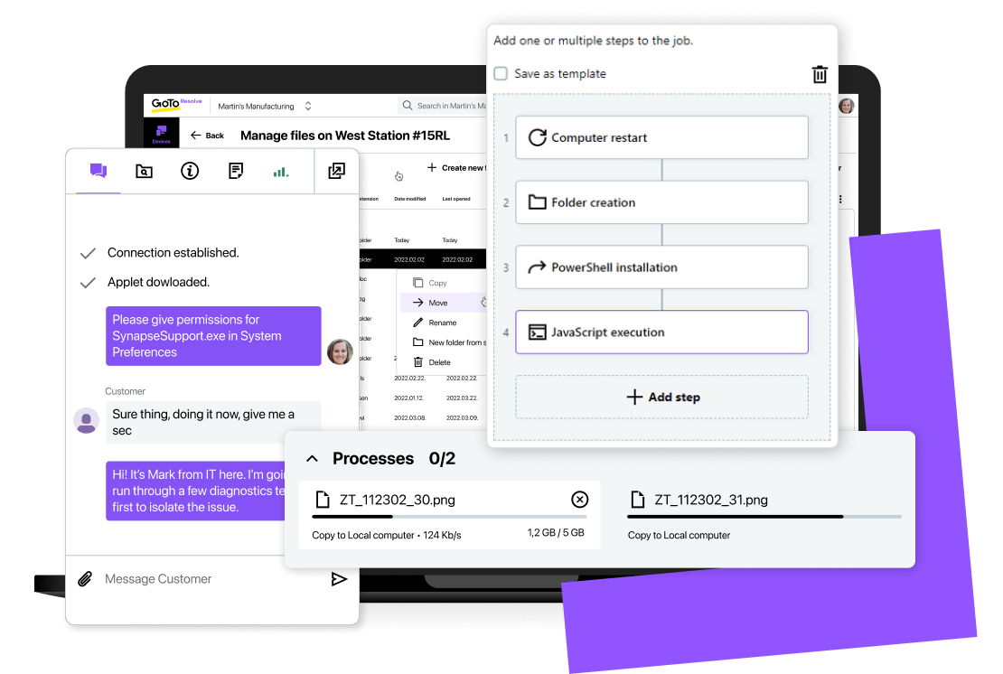 Laptop screen displaying a remote support session in GoTo Resolve.
