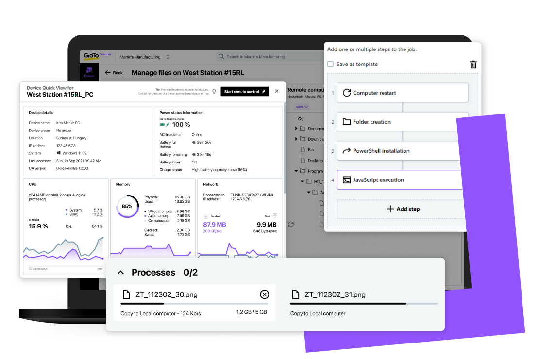   Tela com informações de desempenho da CPU, memória, processos, eventos e muito mais no software de RMM gratuito do GoTo Resolve.