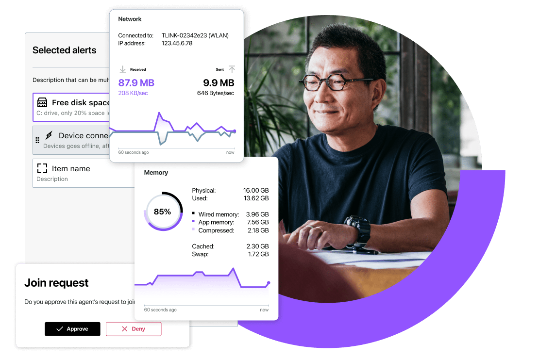 Homem usando o software de gerenciamento de rede gratuito do GoTo Resolve no notebook.