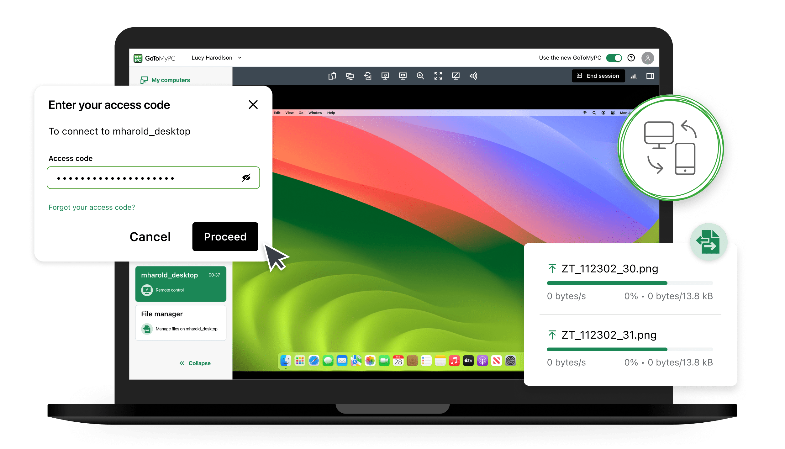 Laptop view of GoToMyPC’s remote access tools.