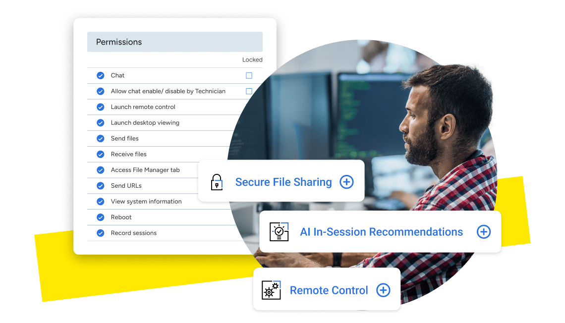 LogMeIn Rescue dashboard interface displaying platform permissions and functionality.