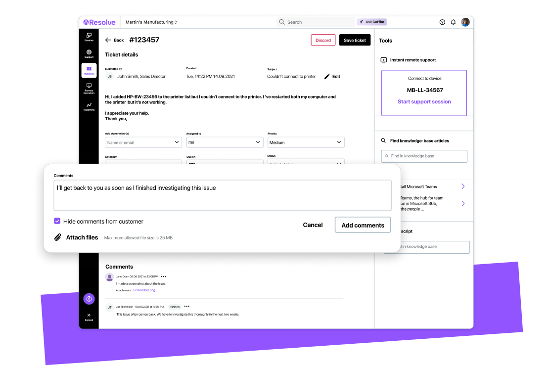 Resolve helpdesk ticket details with technician comments, instant remote support, and knowledge base.