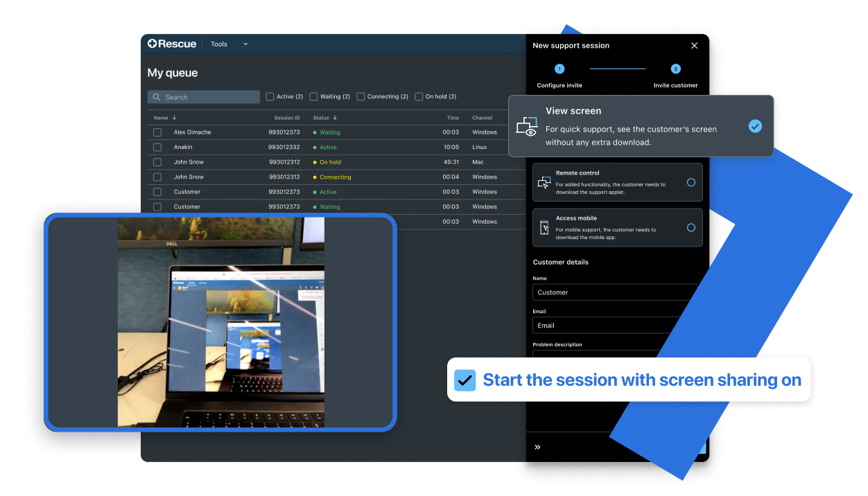 LogMeIn Rescue console showing a support queue, new session setup, and screen sharing enabled.