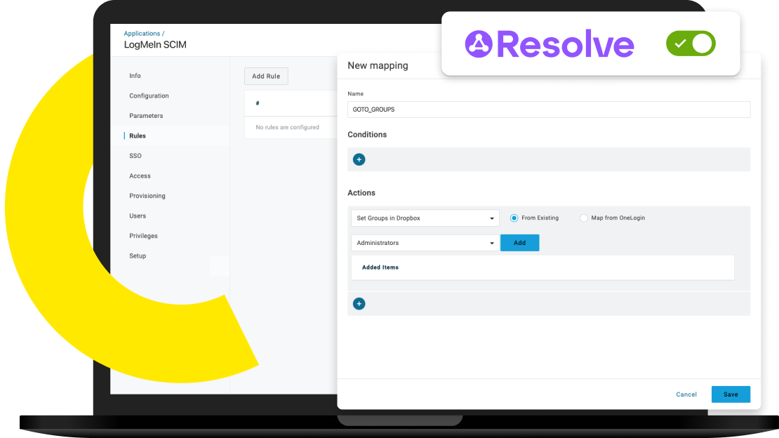 OneLogin SCIM provisioning interface for automated user group mapping and access management.