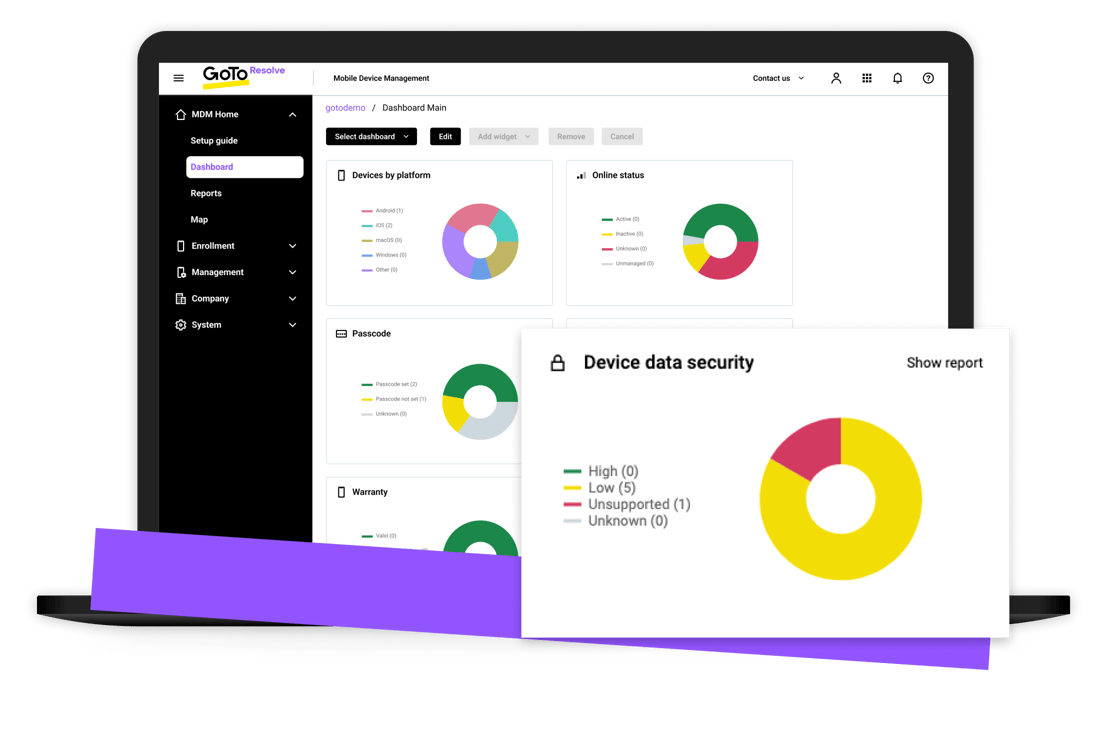 Interface utilisateur affichant l’antivirus RMM de GoTo Resolve ainsi que des options pour exécuter une analyse rapide, mettre à jour la définition des virus, voir le dernier rapport d’analyse et configurer les alertes