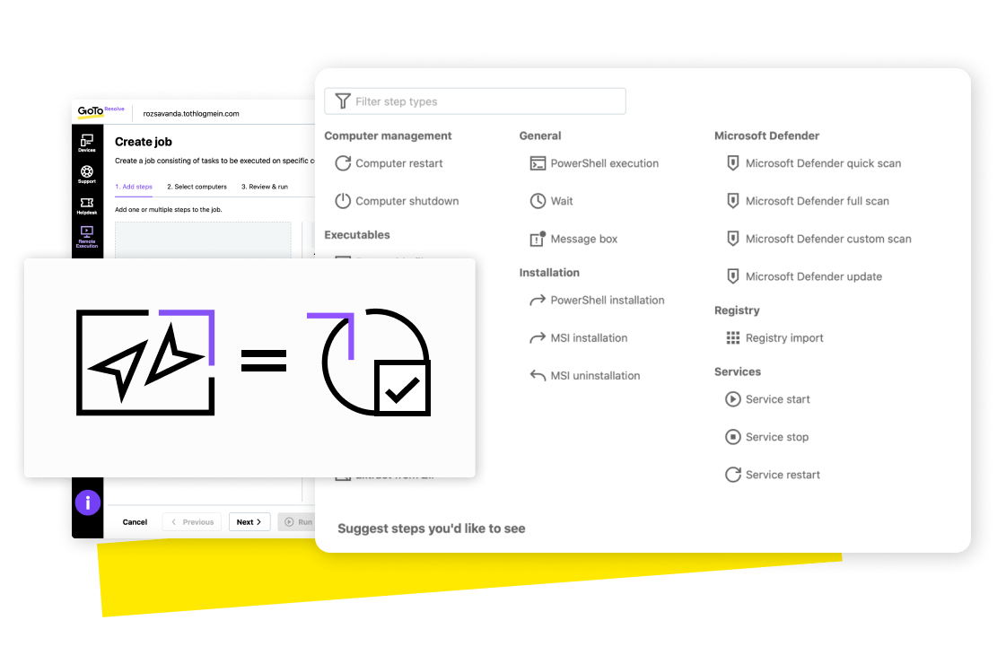 Tela do console de administração da ferramenta de monitoramento e gerenciamento remotos (RMM) do LogMeIn Resolve com recursos para gerar diagnósticos do sistema, automatizar tarefas repetitivas e instalar softwares.