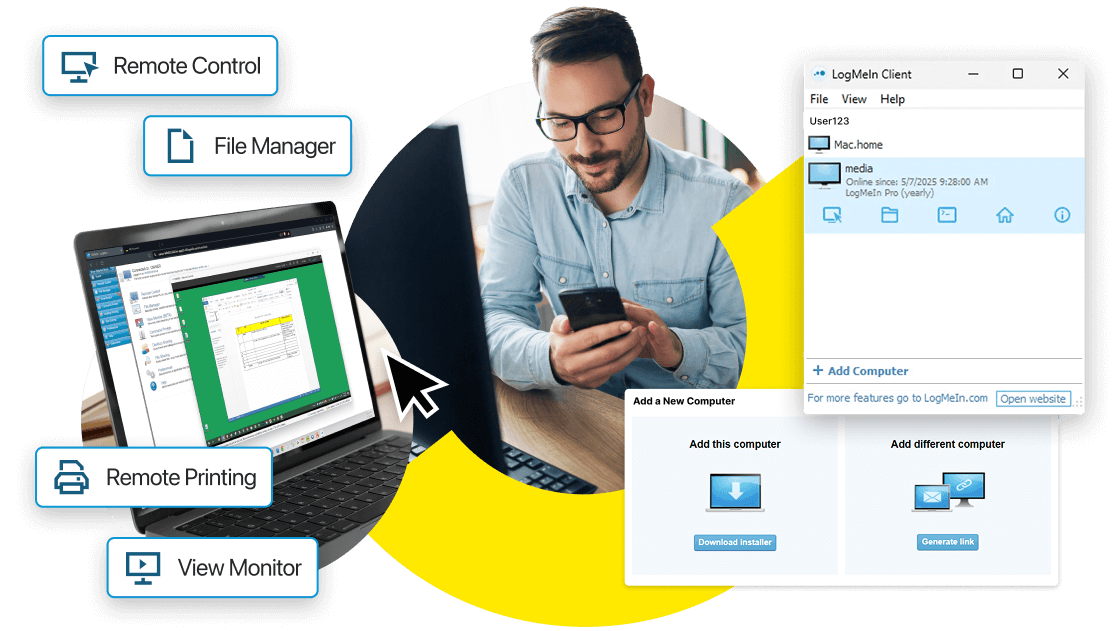 LogMeIn Pro displaying features such as remote control, file manager, remote printing, monitor viewing, and more allowing users to access their computers from anywhere.