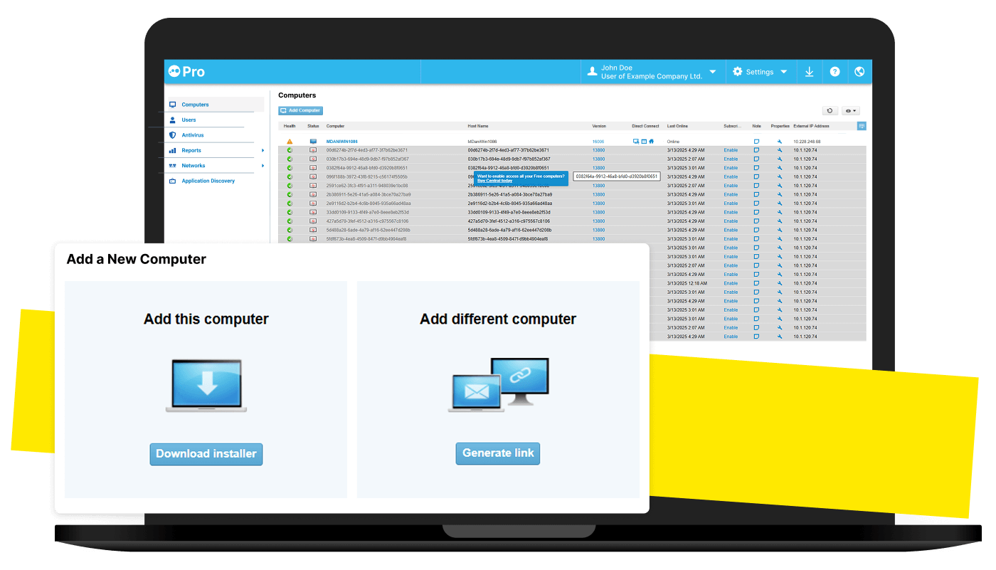 Users can control computers remotely from outside the office using LogMeIn Pro.