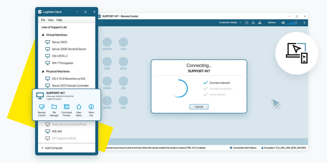 LogMeIn Pro interface showing users easily and instantly accessing their office computer remotely.