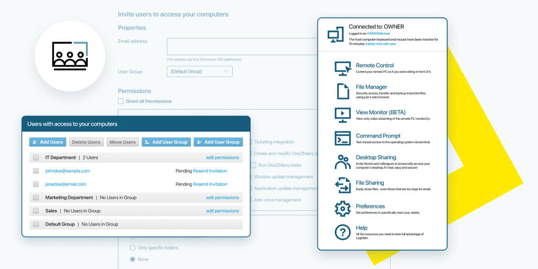 LogMeIn Pro interface for managing user access to computers and files.