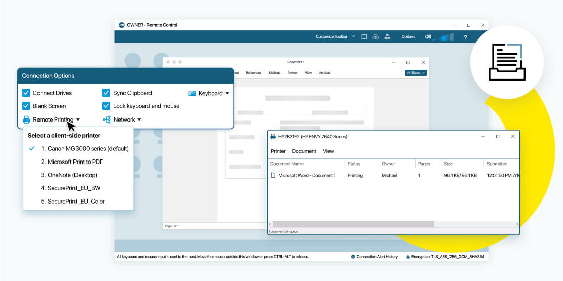 LogMeIn Pro interface showing users easily accessing and using printers remotely.