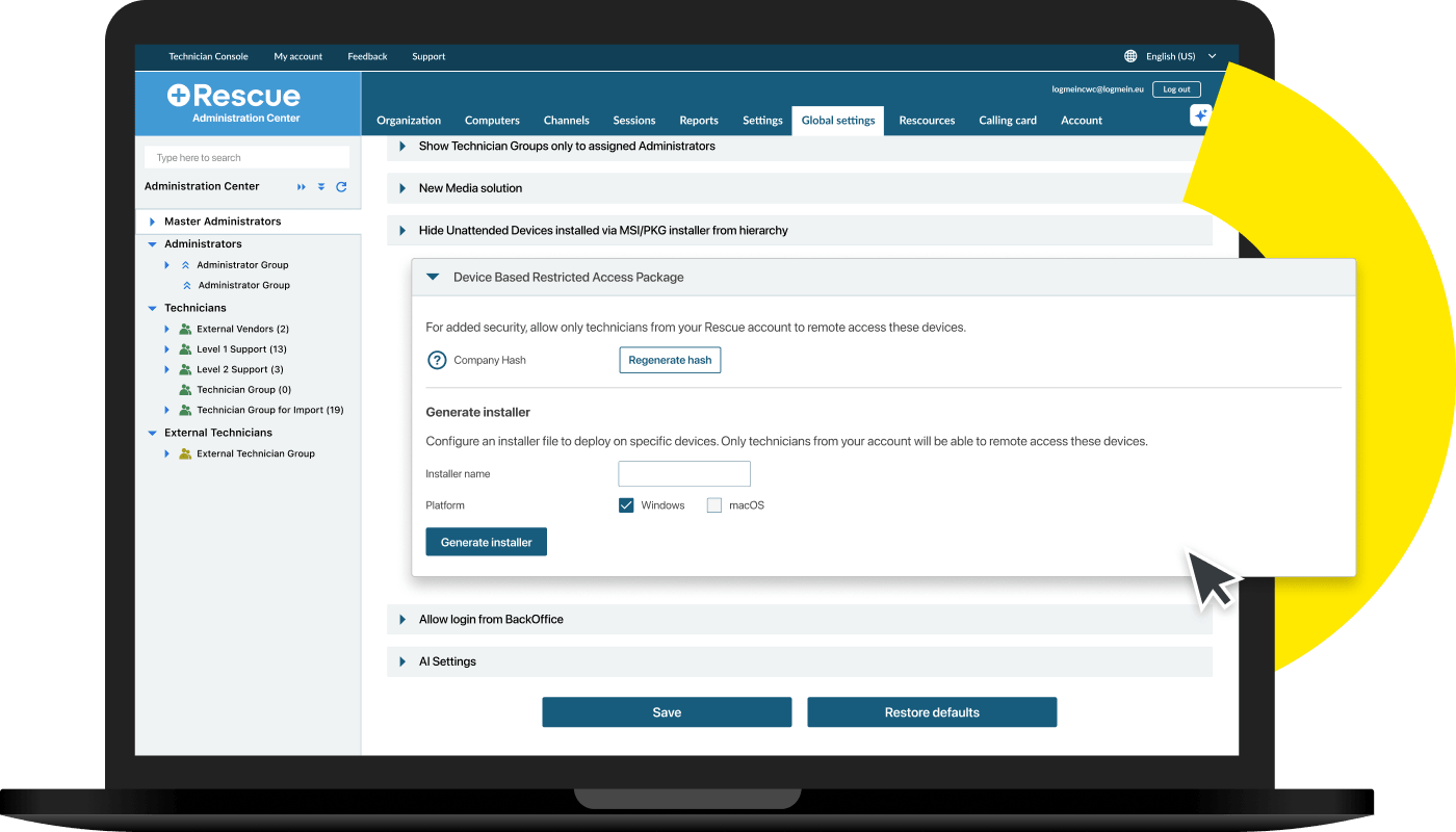 Rescue Administration Center dashboard featuring device-based restricted access package settings to configure installer files for deployment on Windows and macOS devices.