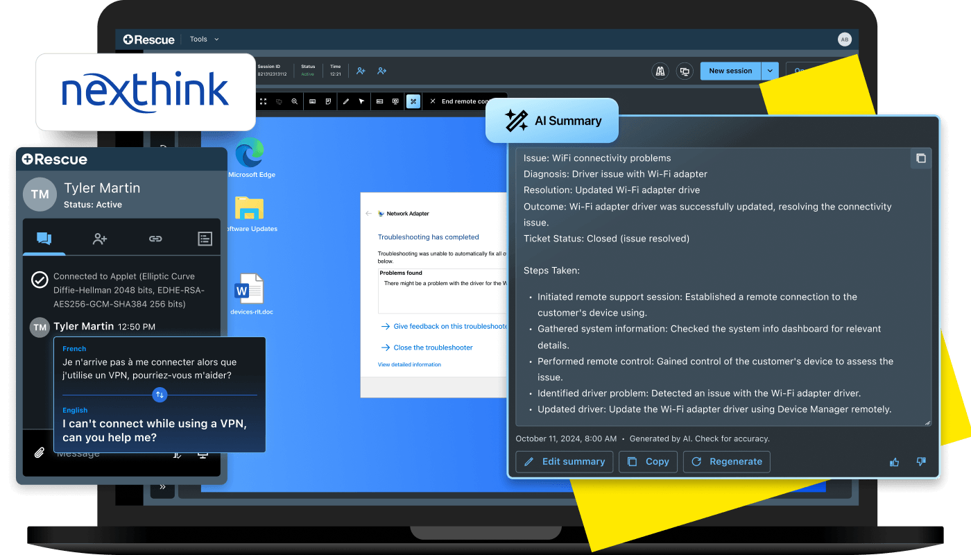 LogMeIn Rescue with AI-powered session support, real-time translation, and Nexthink integration for advanced endpoint troubleshooting.