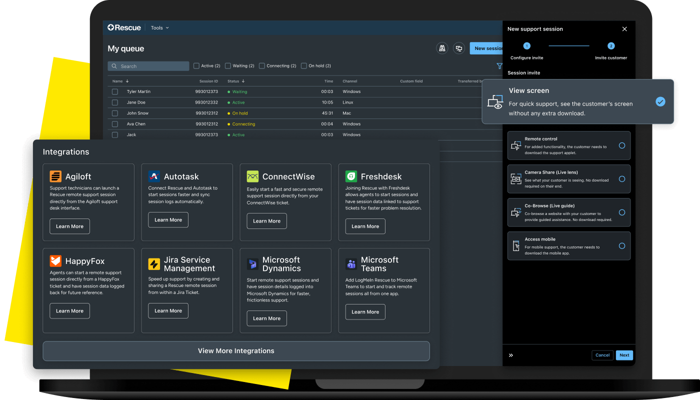 LogMeIn Rescue remote support dashboard with third-party integrations, secure remote session options, and customer support tools for IT service management.