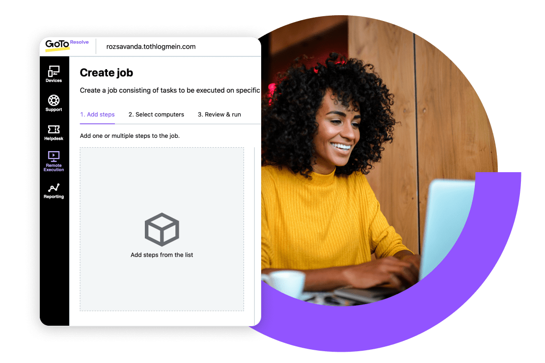 View of LogMeIn Resolve's user interface in the Remote Execution tool where users can add steps, select computers and review & run tasks