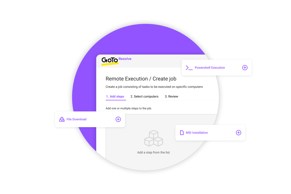 Visual of LogMeIn Resolve's remote execution feature options including Powershell Execution, File Download, and MSI Installation