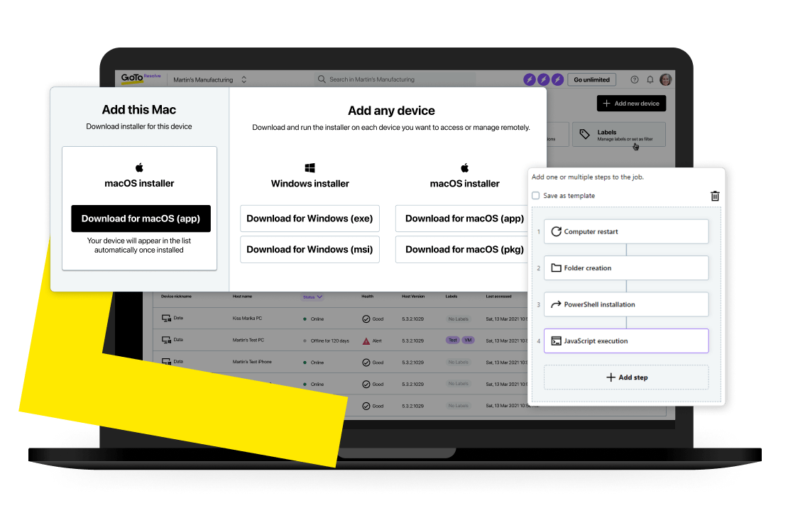 Admin console view of LogMeIn Resolve's Remote Monitoring and Management (RMM) tool with ability to execute remote automation tasks.