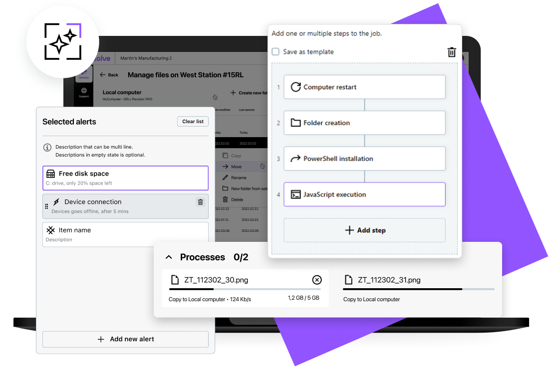 LogMeIn Resolve built for MSPs, fast onboarding, prebuilt automation, and AI-powered tools (including AI session notes, task execution, and natural language reporting).