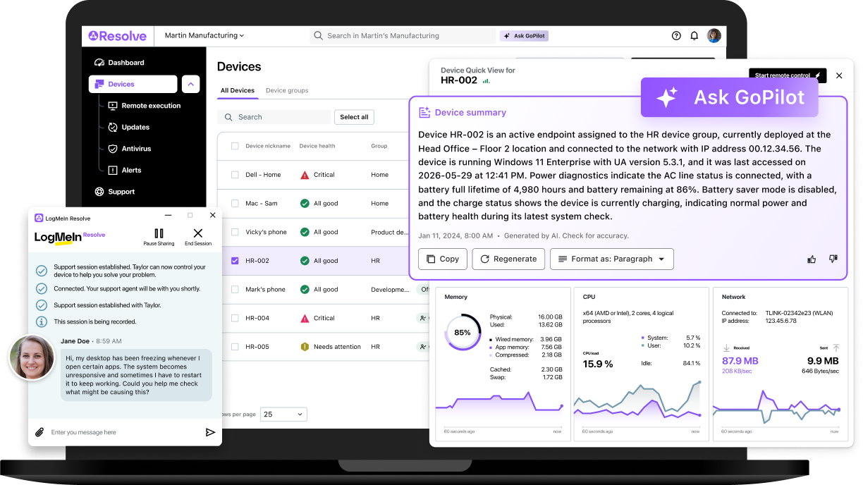 The LogMeIn Resolve dashboard displaying a device management interface with a device list, an AI-generated device summary from Ask GoPilot, and an active support chat session between a technician and an end user.