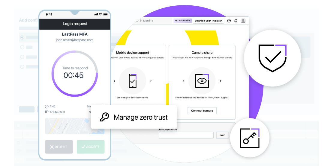 Resolve dashboard with LastPass MFA login request, mobile device support, and zero trust management.