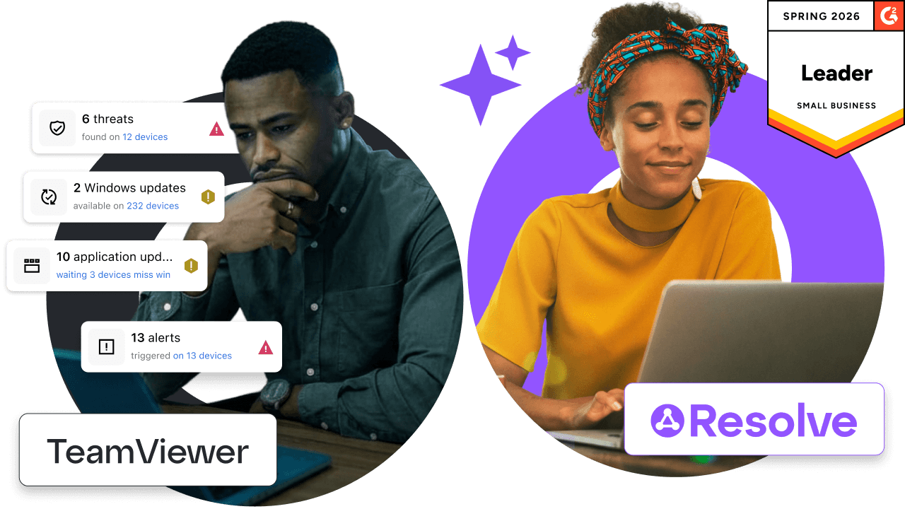 Comparison of TeamViewer and LogMeIn Resolve highlighting LogMeIn Resolve as the winner of a G2 Leader award for Small Business.
