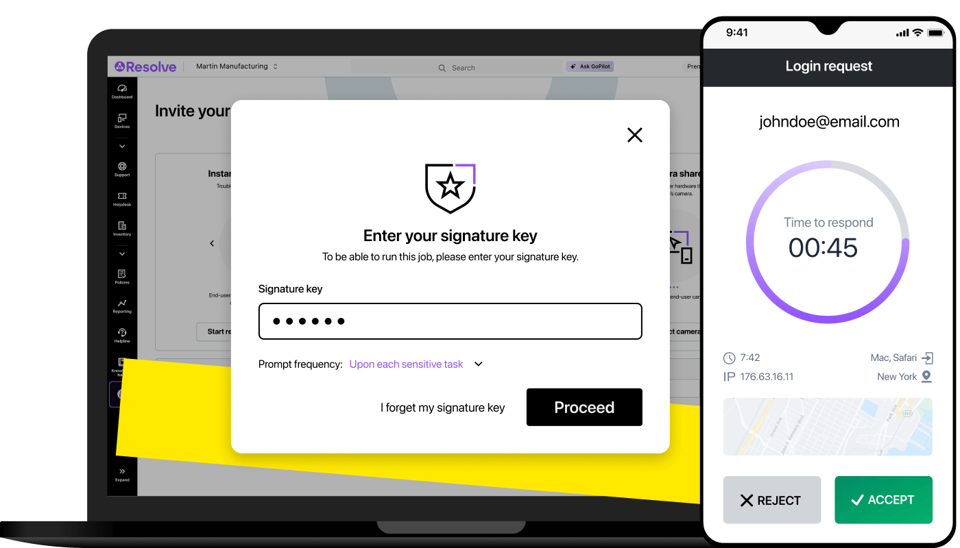 Secure remote access with signature key verification, login request approval, and multi-factor authentication for endpoint support.