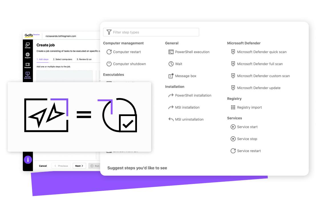 Admin console view of LogMeIn Resolve's Remote Monitoring and Management (RMM) tool with ability to pull system diagnostics, automating repetitive tasks, and software installation.
