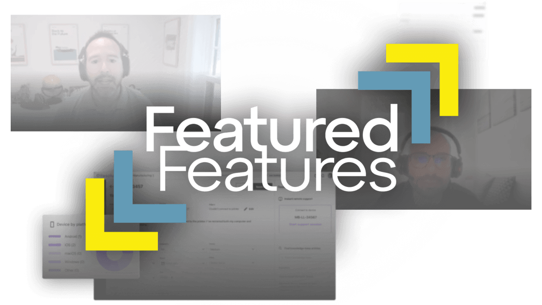 A person using a tablet, surrounded by icons showcasing LogMeIn's features like New Features, Managed Antivirus, Remote Support, and Artificial Intelligence.