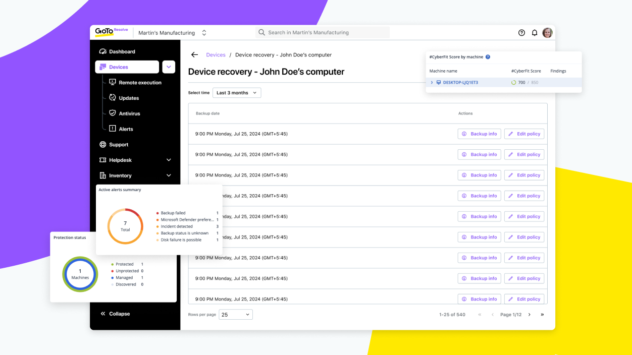 Interface showing device recovery details, backup status charts, and tools for protecting complex endpoint environments