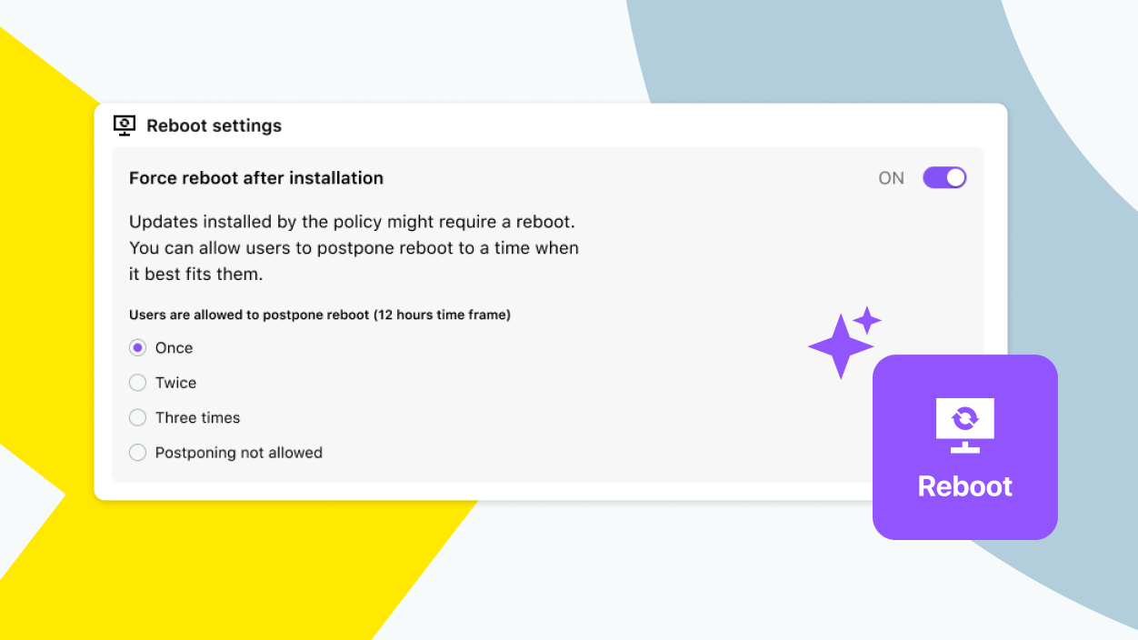 Reboot settings panel showing options to postpone or enforce system reboots after patch installation