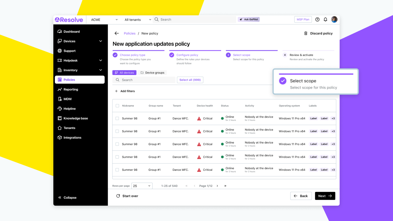 Update policy interface featuring third-party application update rules, severity indicators, and configurable policy scopes