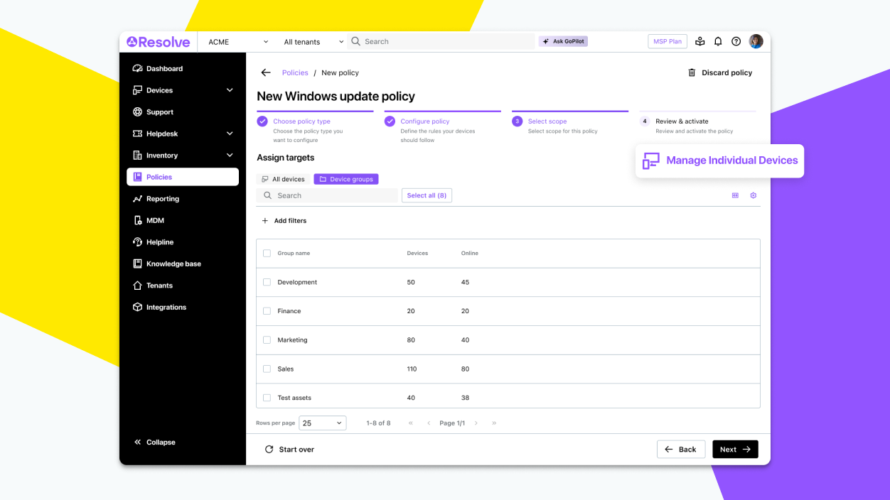 Device management dashboard listing individual devices with group-assignment options for automated and scalable device organization