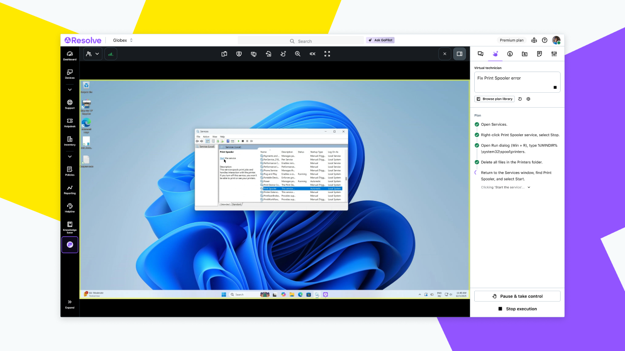 Technician workflow view with AI-generated session notes, automated troubleshooting assistance, and a Windows desktop environment