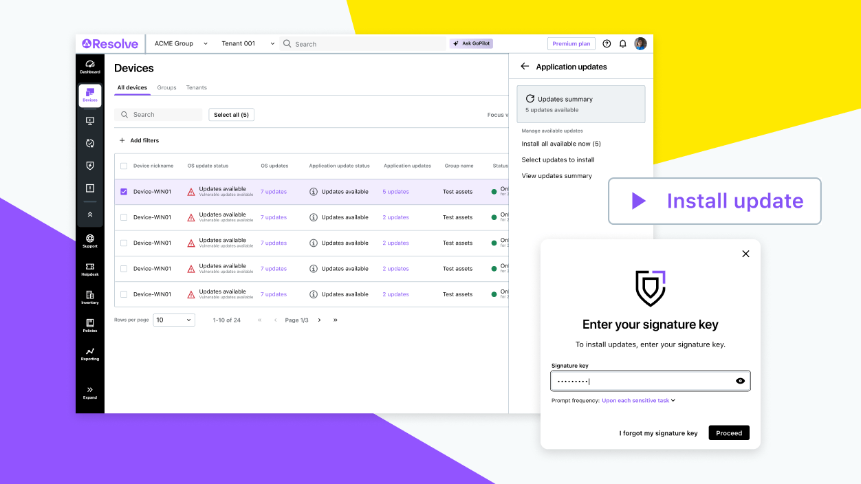 Resolve devices dashboard for managing and automating third-party application patches across multiple devices.